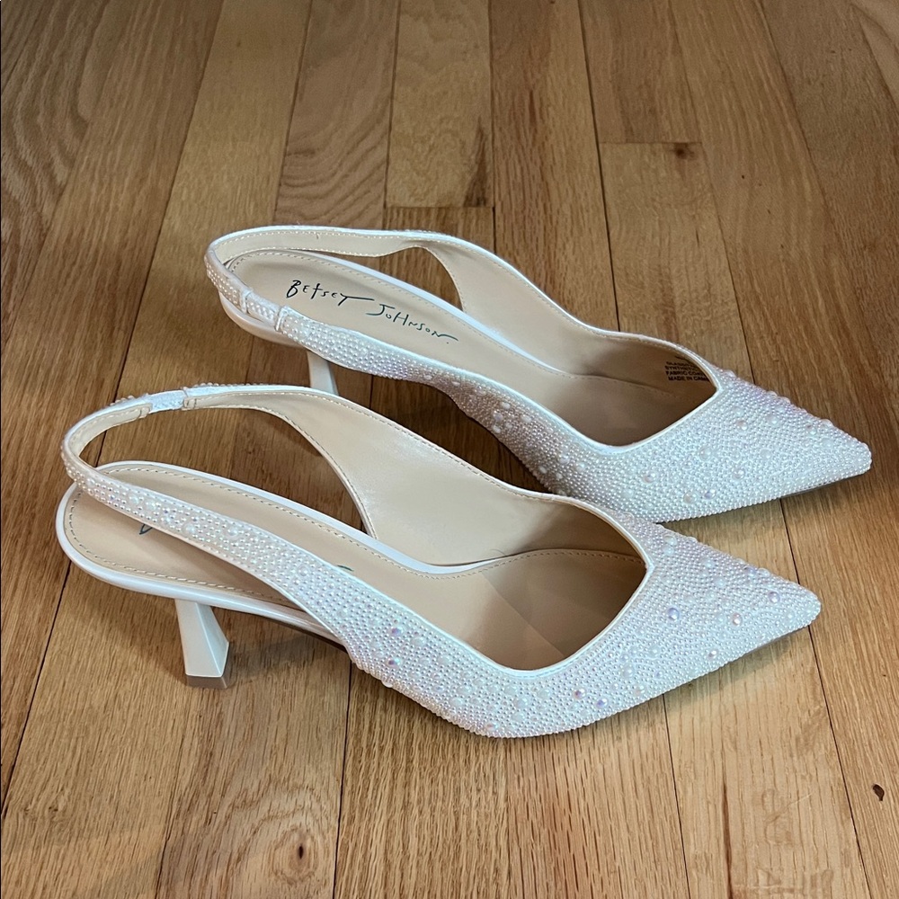 Betsey Johnson White Beaded Slingback Heels